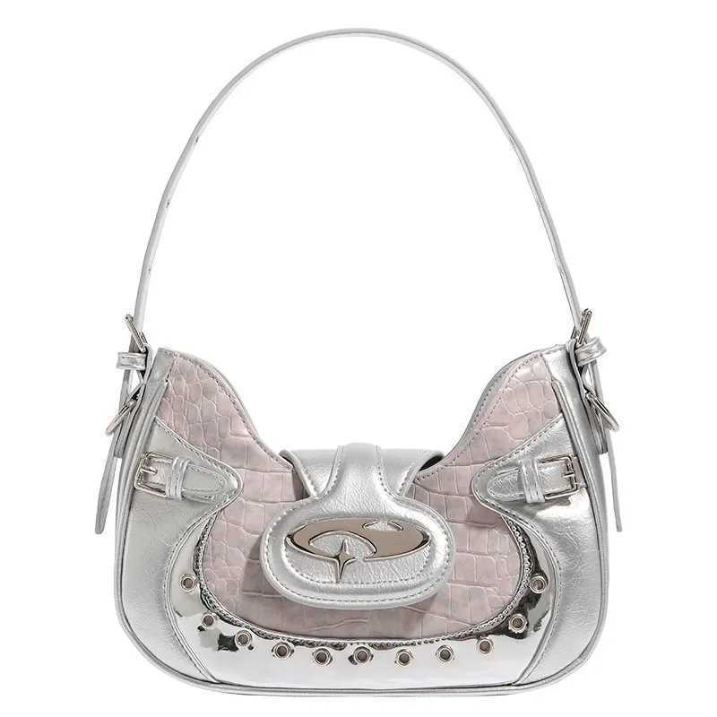 MBTI Y2k Womens Shoulder Bag Gothic Silver Patchwork Harajuku Fashion Handbag Niche Designer Casual Cool Female Motorcycle Bag Y250218