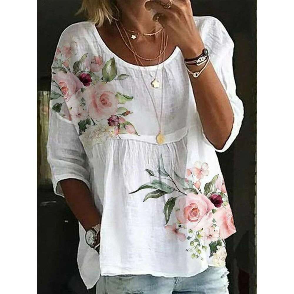Fashion Loose Elegant Round-Neck Printed Casual Woman Shirt Holiday Weekend Top