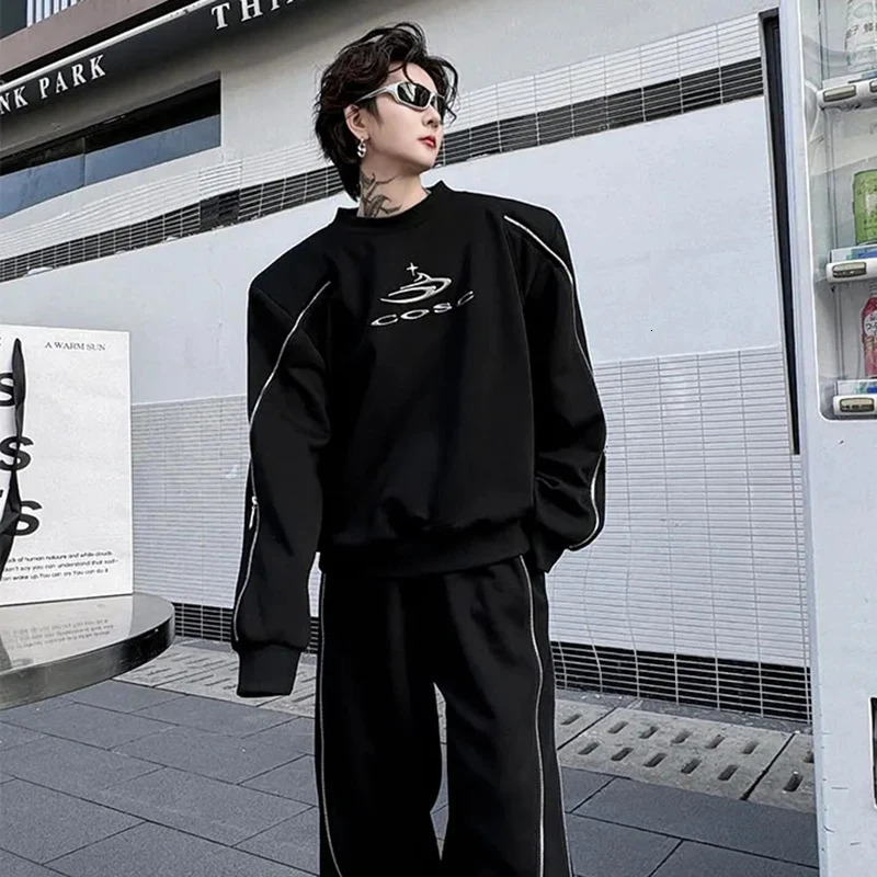 PFNW Mens Two-piece Set Round-neck Long Sleeve Pullover Sweatshirt High Street Wide Leg Pants Zippered Sets 9C4234 250220