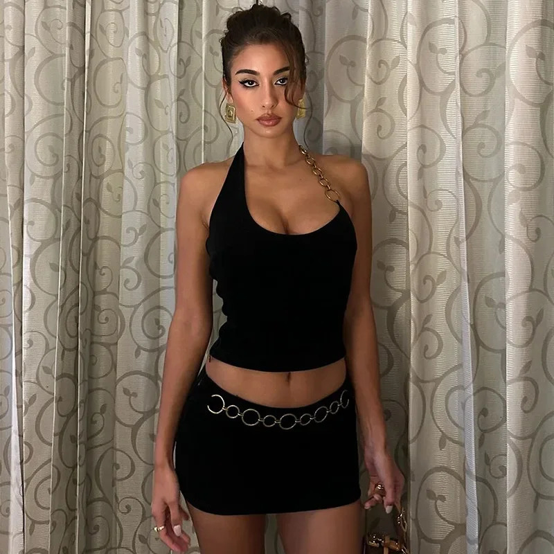 Cryptographic Fashion Chain Halter Two Piece Sets Y2K E-Girl Club Outfits Co-ords Set Mini Skirt Festival Streetwear Clothes 250220