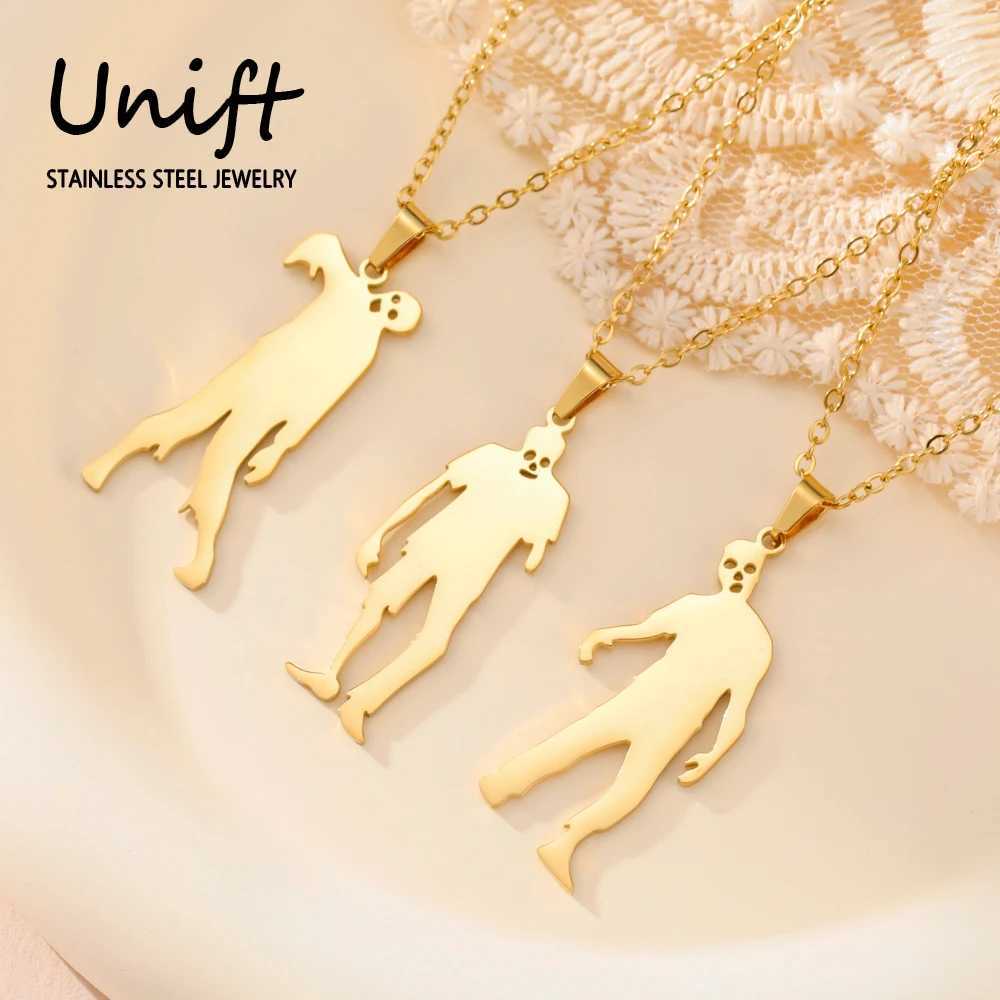 Unift Silhouette Scary Zombie Pendant Necklace for Women Girl Teen Stainl Steel Goth Gothic Horror Jewelry Cosplay Party GiftXJ250219