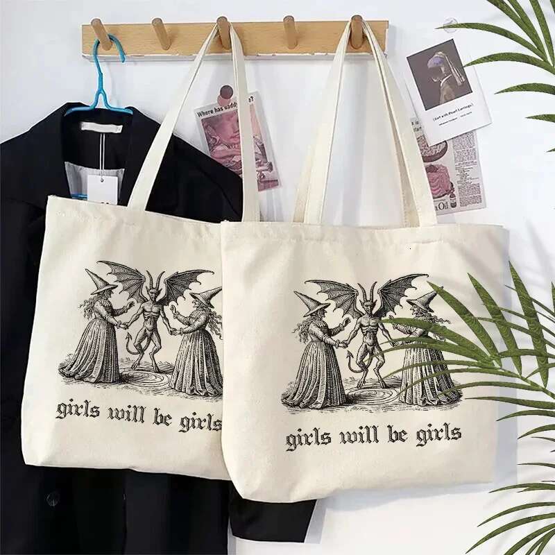 Will Be Girls Witch Canvas Tote Organizer New Large Capacity Travel Storage Shoulder Bag Handbag Halloween Spooky Gift swissmilitary