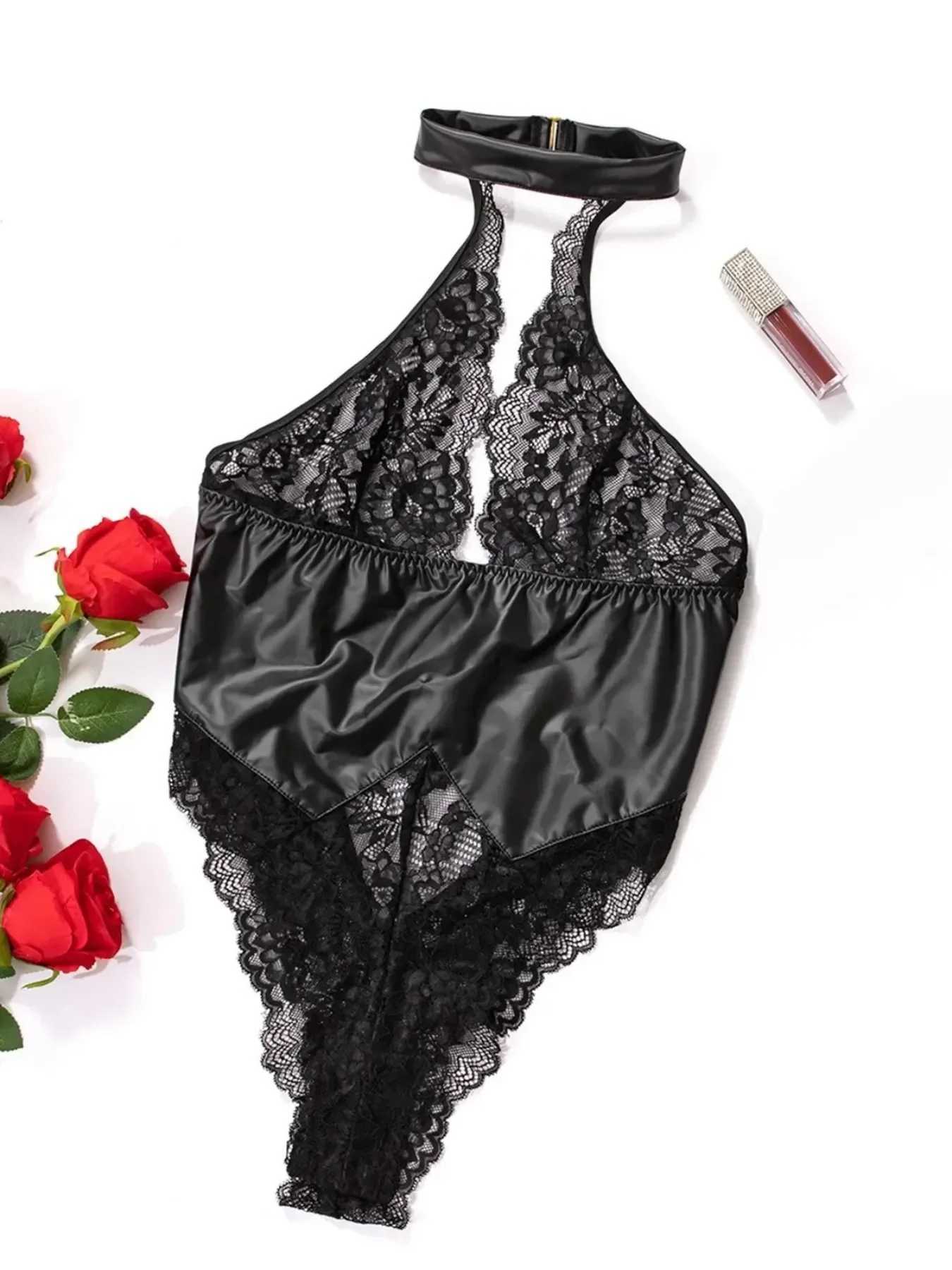 Black PU Latex Leather Halter Lace Backless Bodysuit for Women Sexy Lingerie Underwear Skinny Bodycon Body Suit Teddies W250220