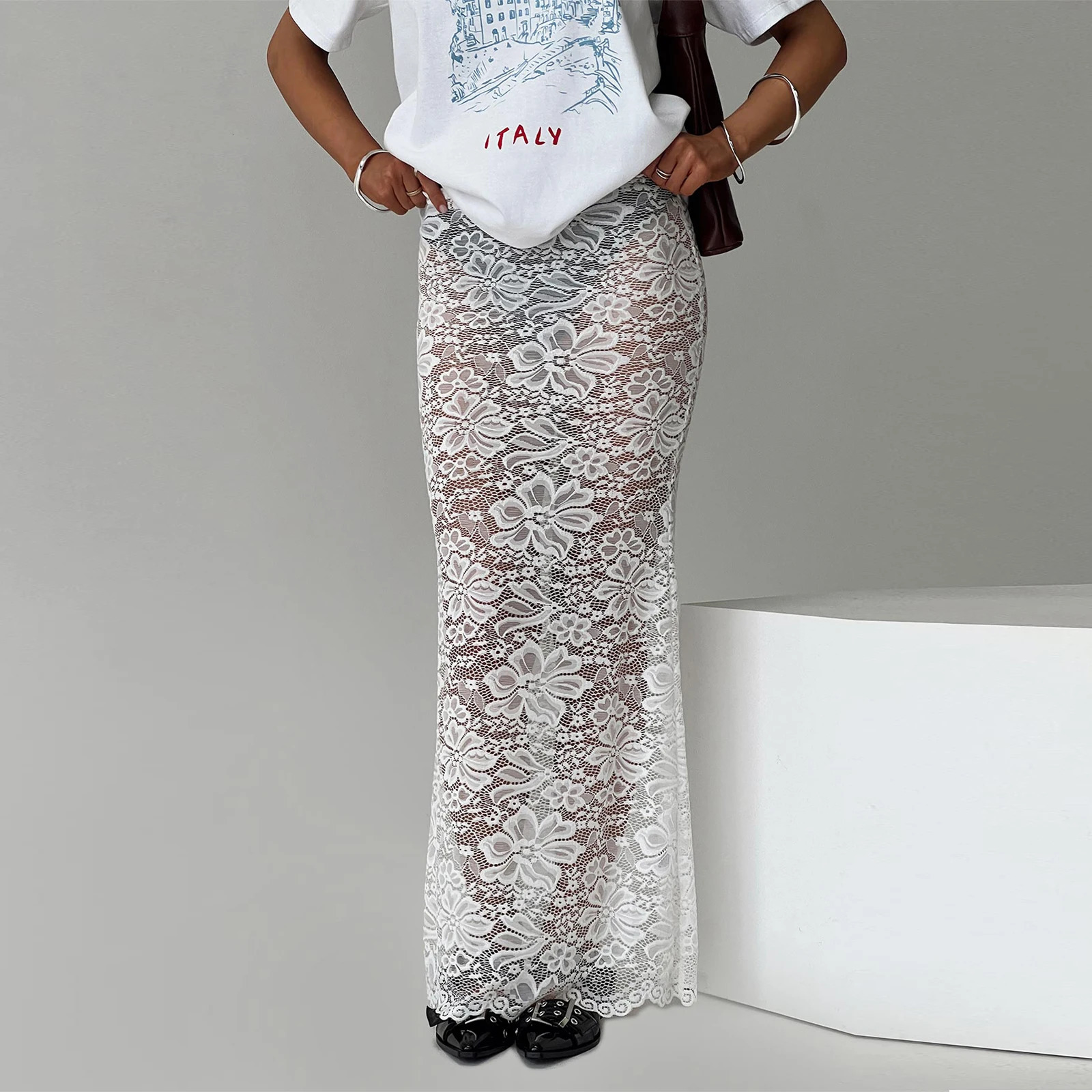 Hirigin womens lace long skirt Y2k transparent Maxi short See Through Mesh fish tail swimsuit sexy beach coverage 250220