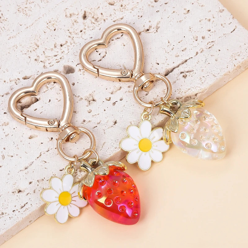 Cute strawberry keychains bag charms heart flower daisy key chains accessories decor for girls purse gift womens gifts accessory 250214