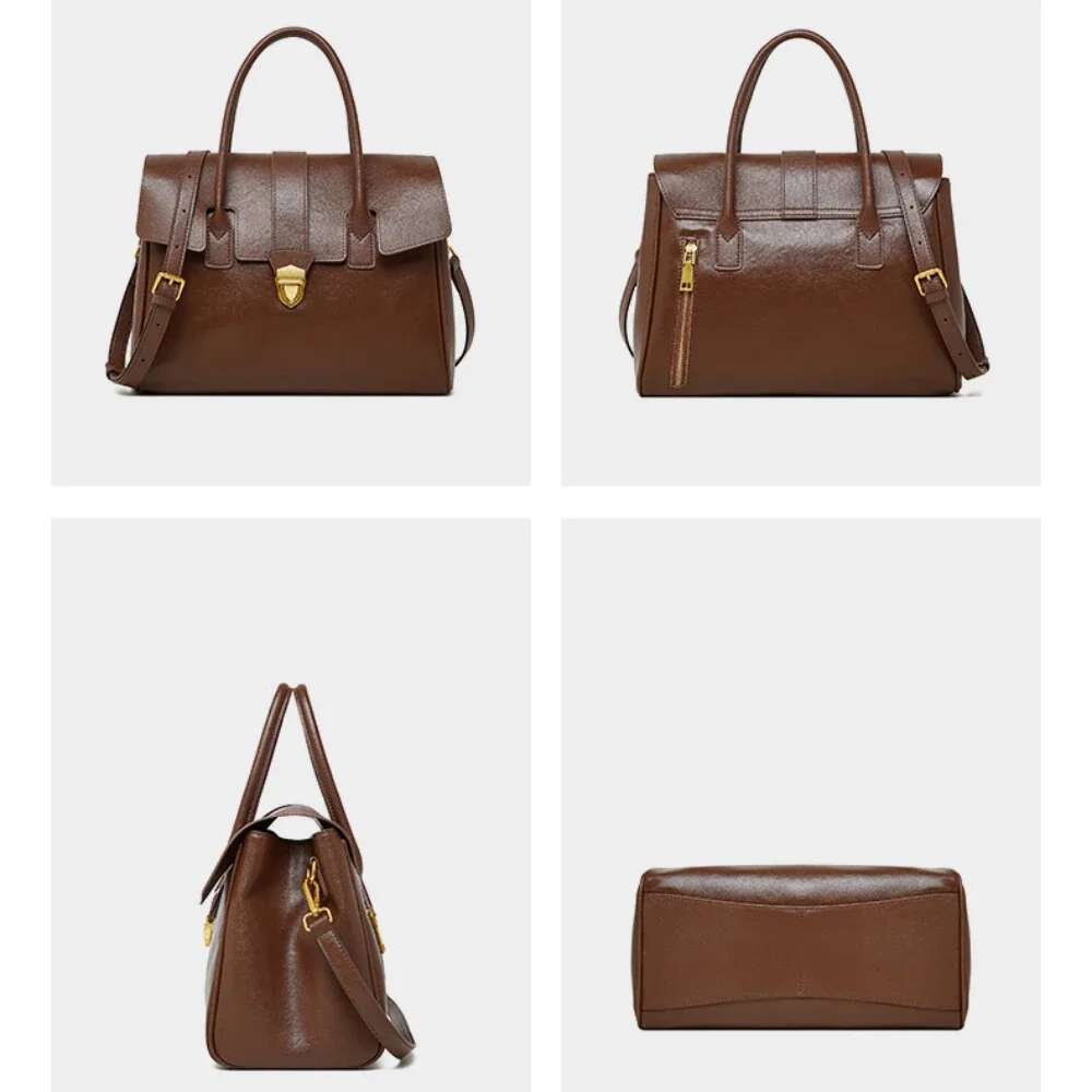Hot Sale Vintage Vegetable Tanned Cowhide Leather Handbag Business Travel Cover Tote Women Briefcase Large Shoulder Bag