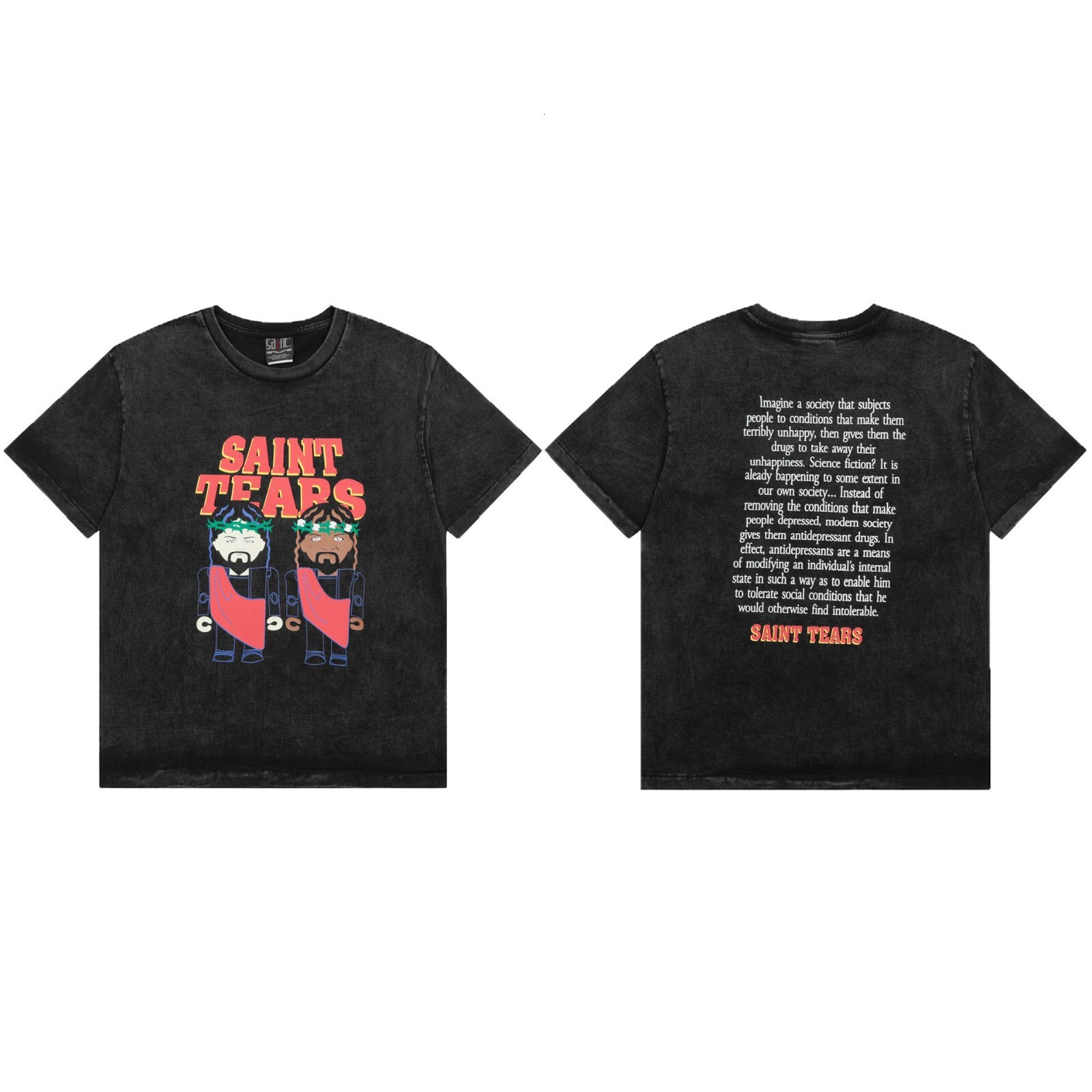 Trendy Saint Letter Pattern Printed Washed Worn Short Sleeved T-Shirt For Men And Women, American High Street Half Sleeve