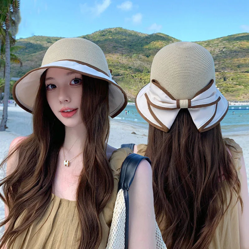 2024 Spring Summer Korean Bow Fashion Solid Straw Hat Women Sun Woven Net Breathable Fisherman Large Eave Bucket Cap 250117