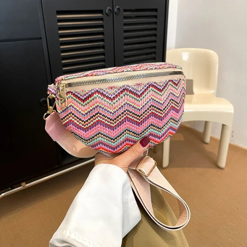 Stylish Straw Braid Fanny Packs For Women Wavy Stripe Waist Pack Ladies Contrast Colour Bag Woven Design Female Chest 250219