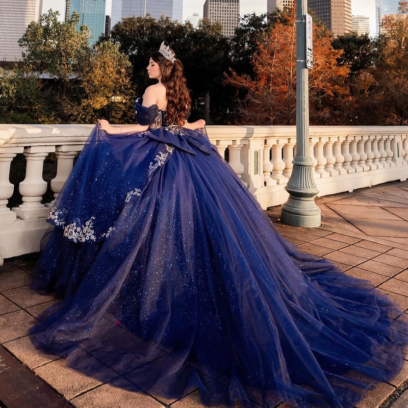 Navy Blue Shiny Quinceanera Dresses Ball Gown Off The Shoulder Applique Lace Beading Tull Party Birthday Sweet 16 Dress Vestidos 15 anos