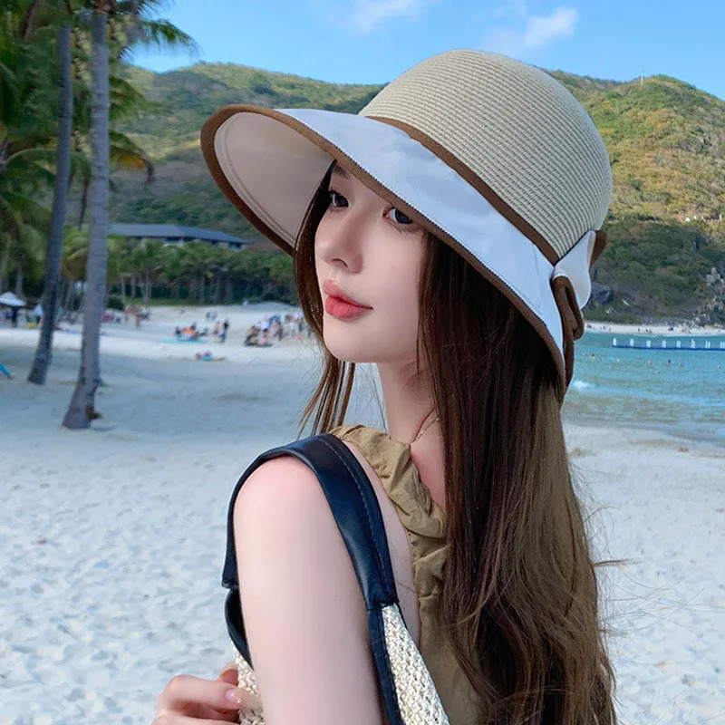 2024 Spring Summer Korean Bow Fashion Solid Straw Hat Women Sun Woven Net Breathable Fisherman Large Eave Bucket Cap 250117