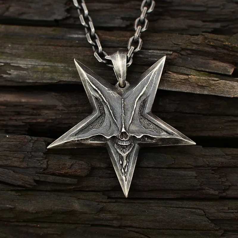 Vintage Mens Satanic Inverted Pentagram Skull Pendant Necklace for Men Punk Demon Chaos Star Skull Necklace Bhomet JewelryXJ250219