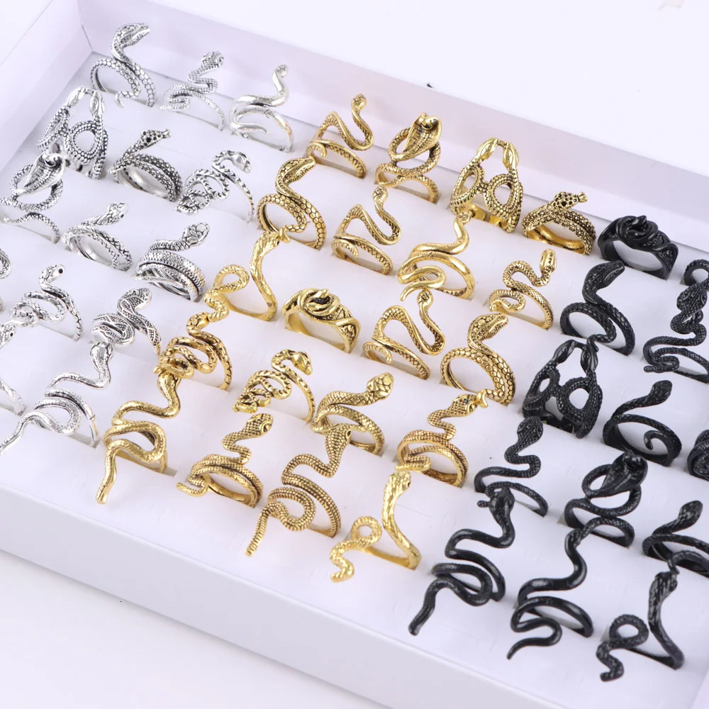 Wholesale 30Pcs/Lot Fashion Snake Animal Mix Style Metal Opening Rings for Women Vintage Adjustable Size Jewelry Party Gifts 250220