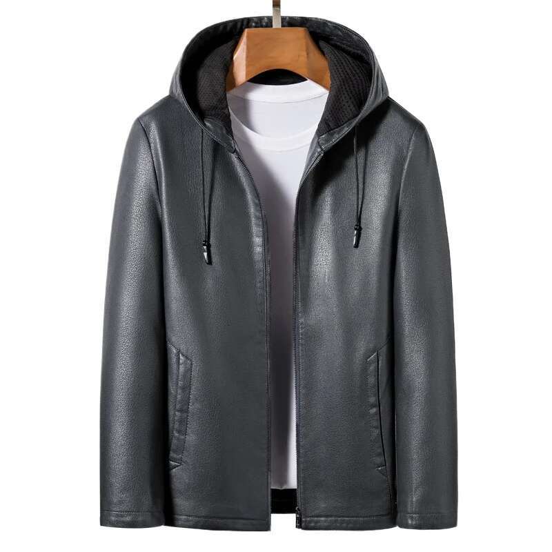 High Quality Hooded Fashion Handsome Trend Solid Color Casual Dad Motorcycle Leather Jacket Upscale M-4Xl