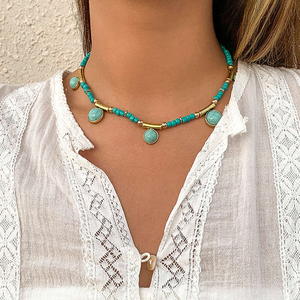 Jewelry splicing, turquoise geometric tassel, hanging ball necklace, rustic mix and match, round bead chain, necklace