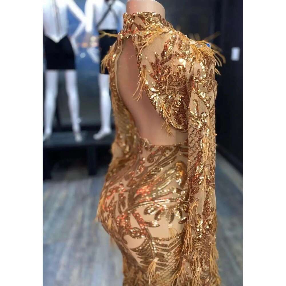 Sparkly Gold Sequins Long Mermaid Ball Gowns 2025 prom High Neck Full Sleeve See Through African Women Black Girls Night Dresses