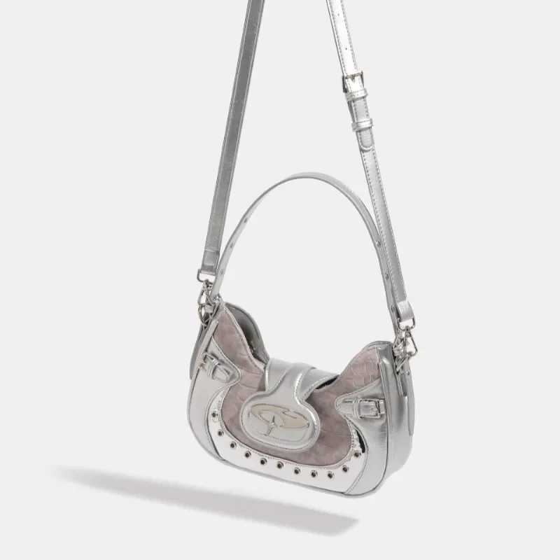 MBTI Y2k Womens Shoulder Bag Gothic Silver Patchwork Harajuku Fashion Handbag Niche Designer Casual Cool Female Motorcycle Bag Y250218