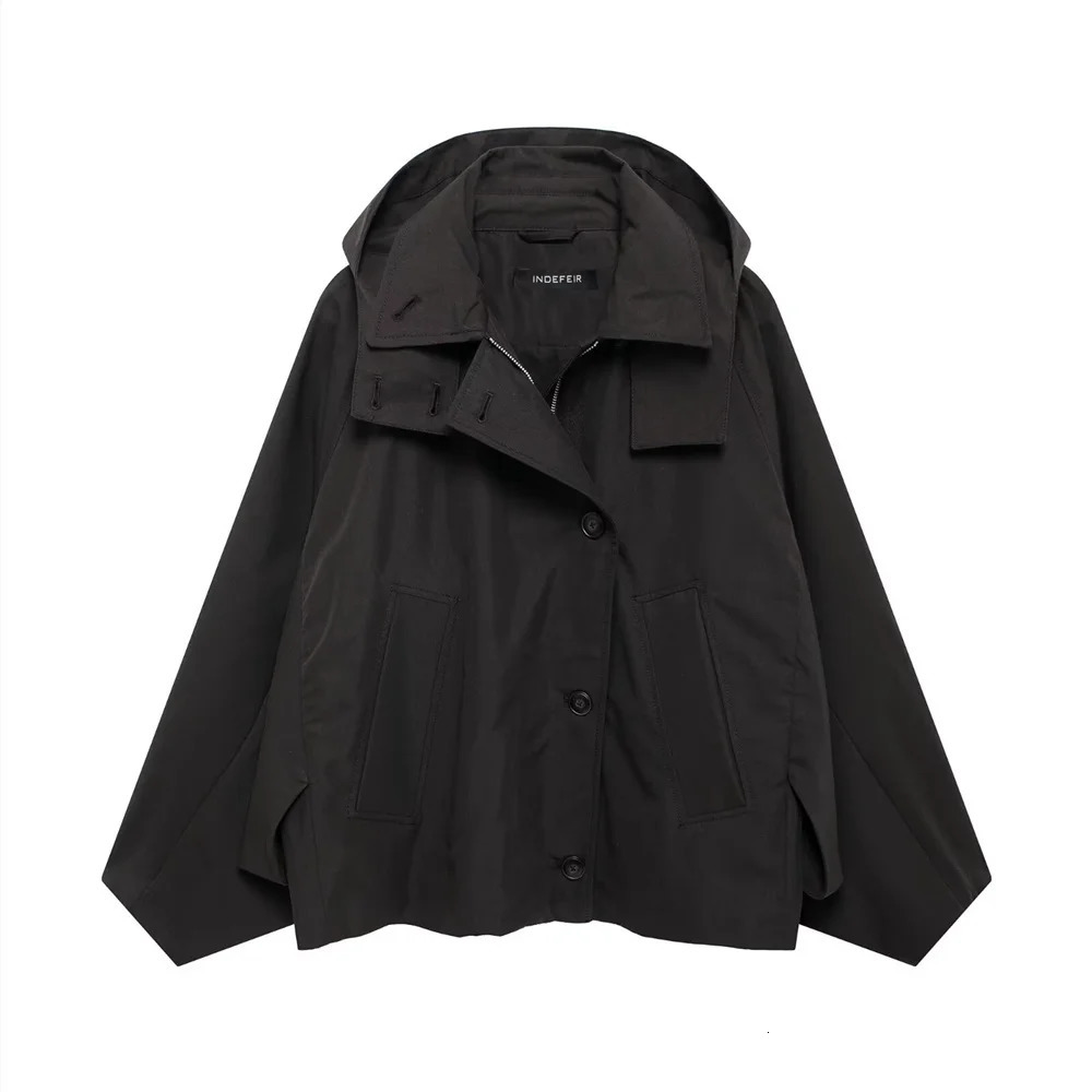 autumn womens casual slim fit long sleeved pocket button solid color hooded short windbreaker 250219