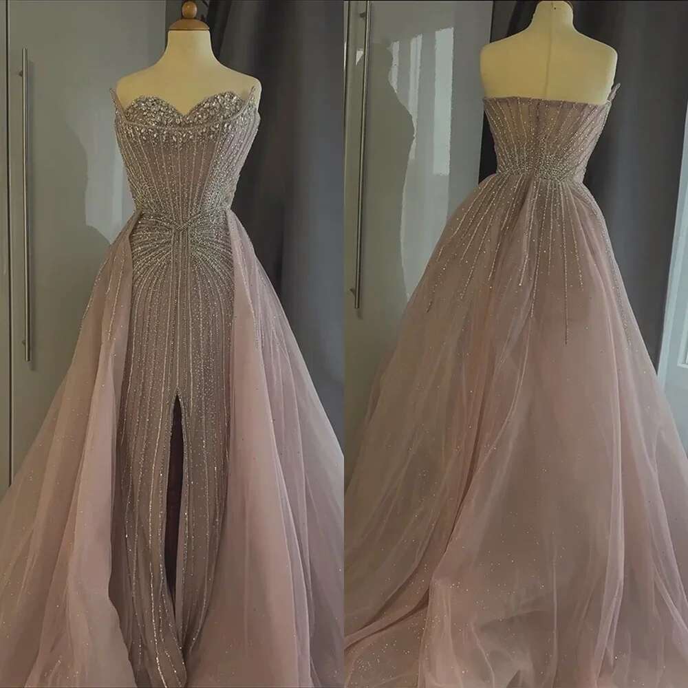 Hill Serene Customized Pink Crystal Beaded Saudi Mermaid Evening Dresses Gowns With Overskirt For Formal Ocn BLA mal