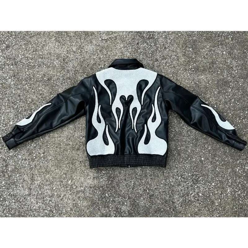 PU Flame Racing Men's Leather Jacket, American Hip Hop, 152 Embroidery, Zipper Closure, Men's Clothing, Y2K, Autumn, Winter, New Fashion Cou
