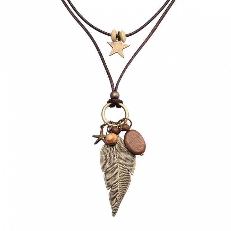 Pendant Necklaces Forest style ethnic wooden pendant necklace for women bohemian style multi-layered layered vacation style long necklace H25219