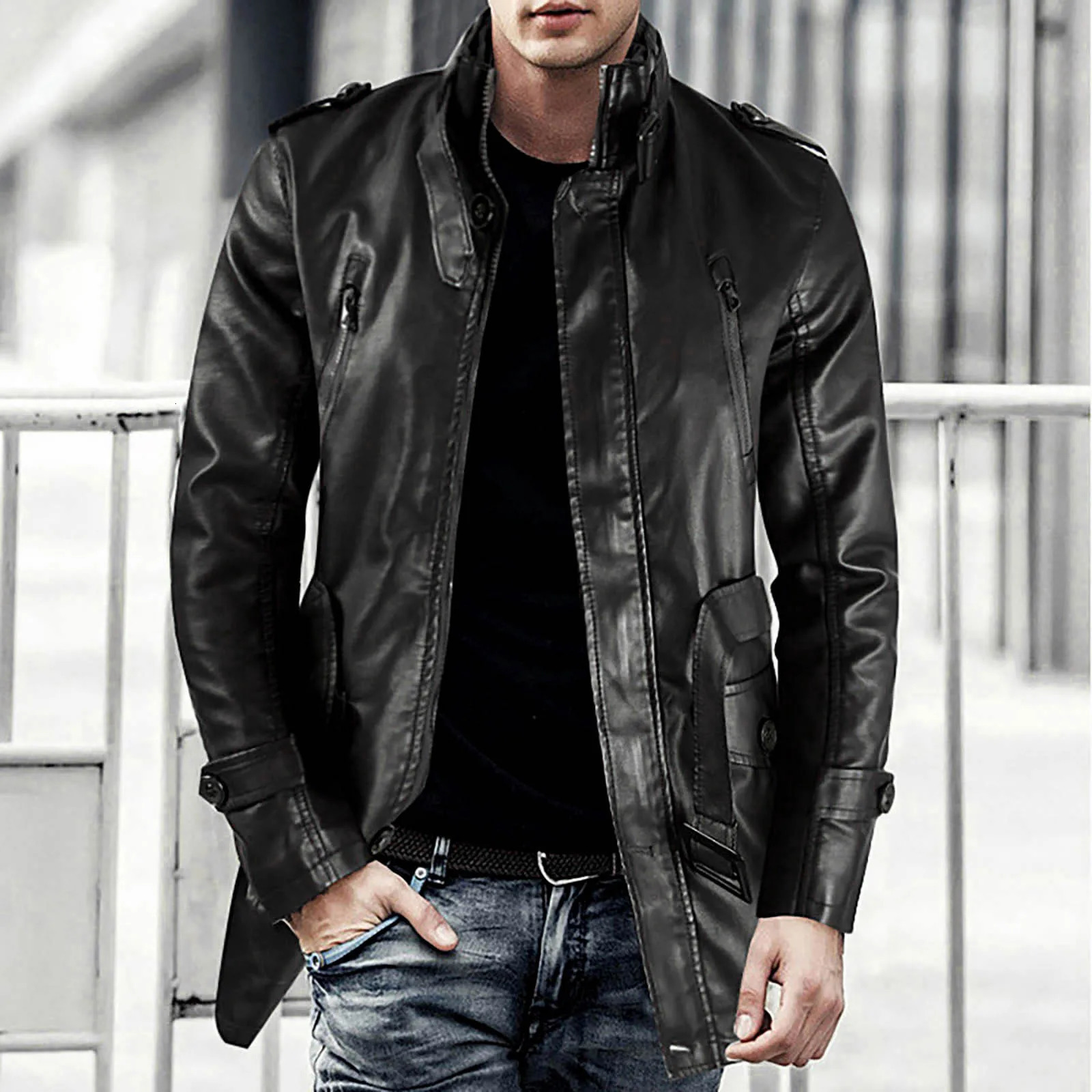 Mens Winter Casual Leather Jacket Zipper Long Sleeve Stand Trench Coat Men Tactical Windproof Waterproof jacket 250210