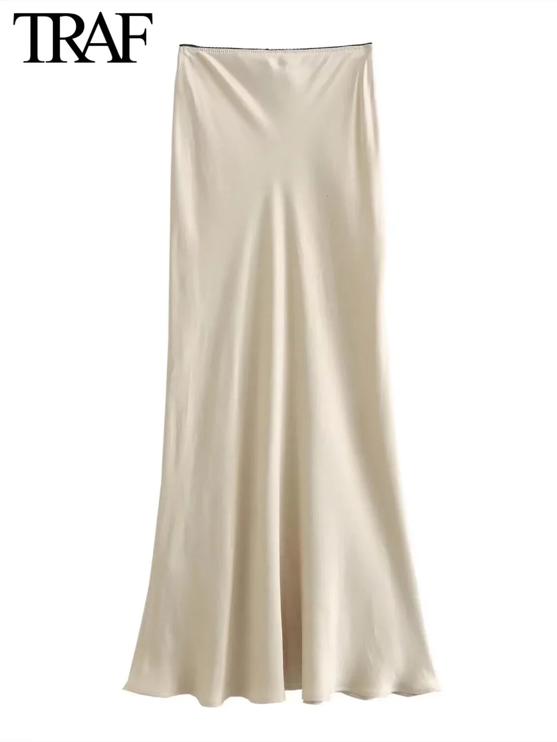 TRAF Women Fashion Spring Satin Texture Bow Decoration Vintage Chic Female High Waist H Line Long Skirts Mujer 250213