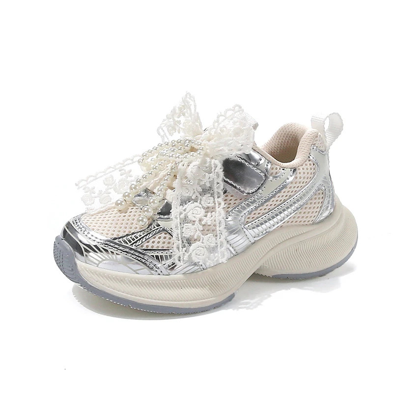 Little Girl Fashion Lace Net Casual Shoes Princess Bowtie n Clunky Sneakers Children Stylish Sports 250220