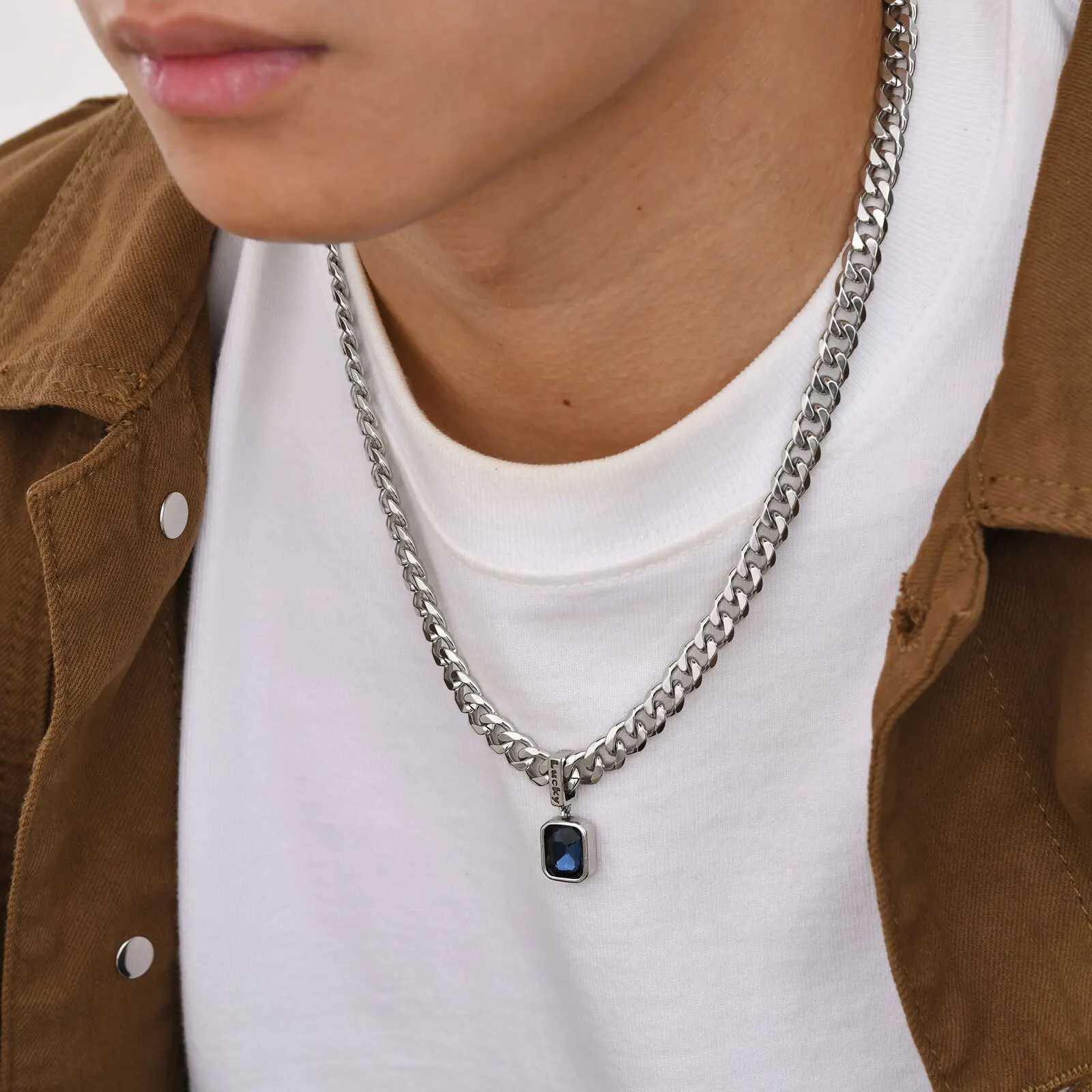 Sea Blue Zircon Pendant Necklaces for Men BoysStainl Steel Lucky Words Pendant CollarPunk Hiphop Jewelry Birtay GiftXJ250219
