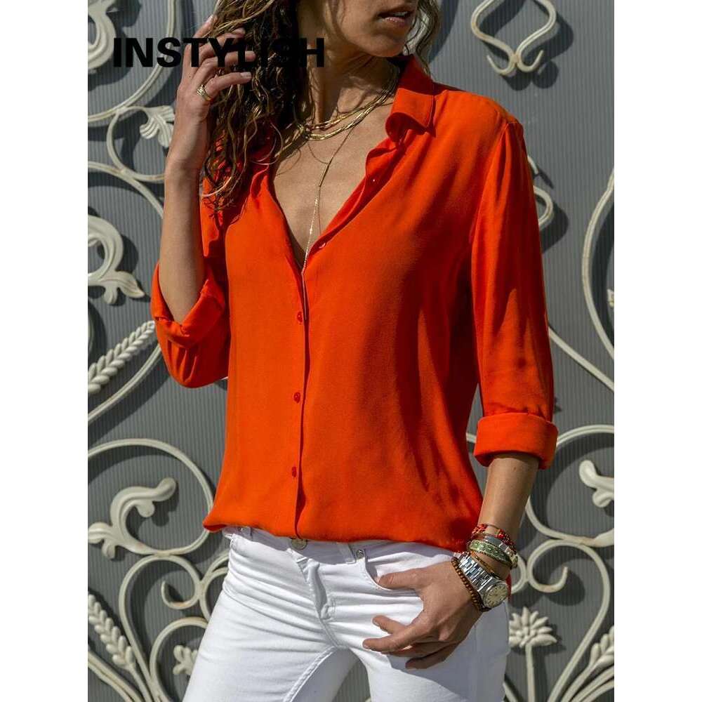 Women Solid And Shirt Elegant Long Sleeve V Neck Chiffon Blouse Office Lady Loose Tunics Oversized Tops