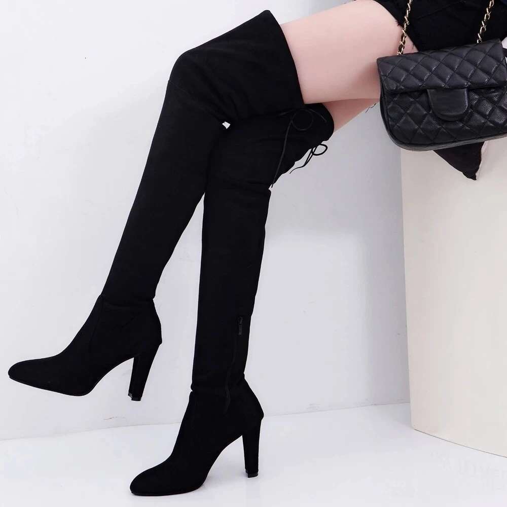 SH Fashion Over The Knee Women Stretch Fabrics High Heel Slip On Shoes Pointed Toe Woman Long Boots Plus Size 34-43 Sb202