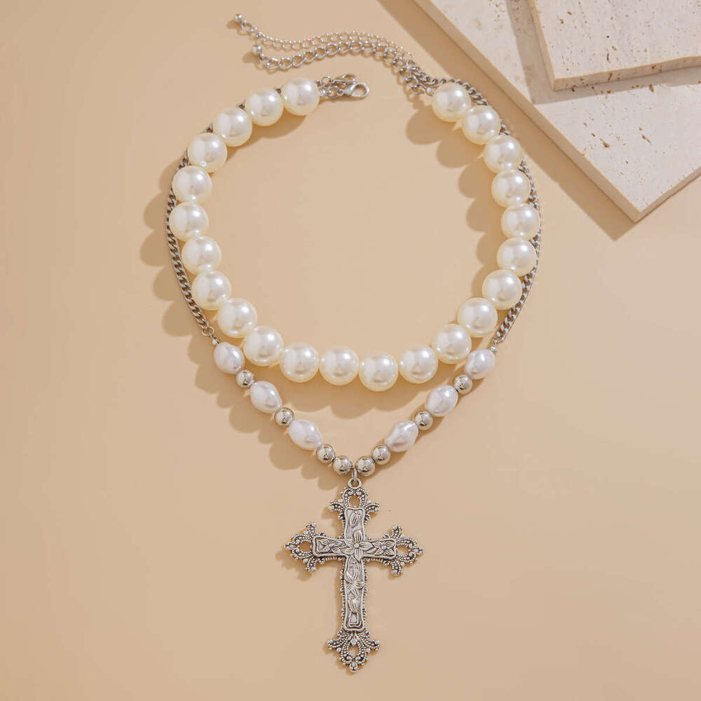 Jewelry fashion cross imitation pearl necklace set, versatile alloy geometric collarbone chain