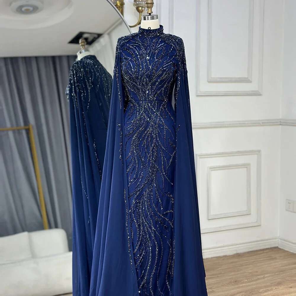 Sage Muslim Green Mermaid Long Cape Beaded Satin Evening Dresses Gowns For Women Party Customizbla A