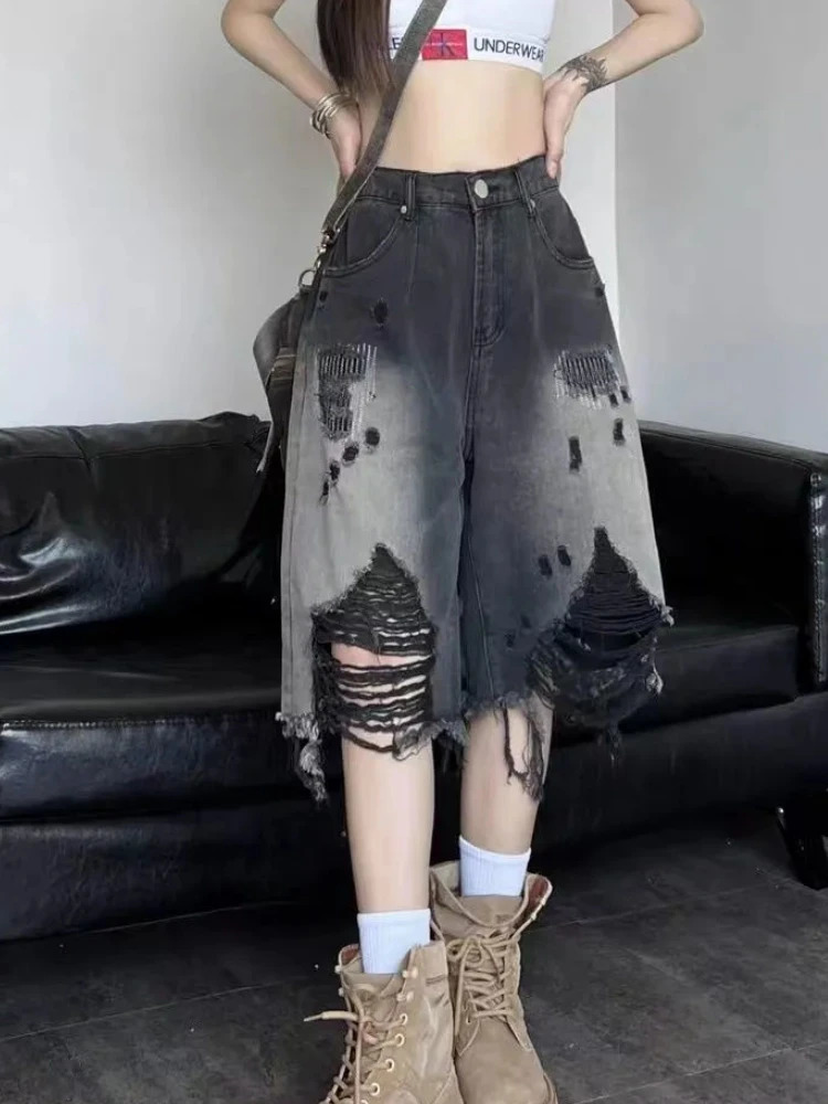 S-4XL Womens Denim Shorts Gradient Distressed Hollow Summer Daily Korean Fashion Basic 250219