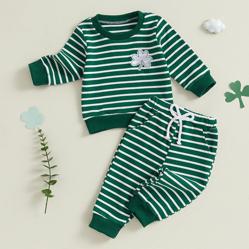 Lioraitiin 3M-3Y Toddler Baby Boy St Patricks Day Outfit Clover Embroidered Striped Long Sleeve Crewneck Sweatshirt Pants Set 250219