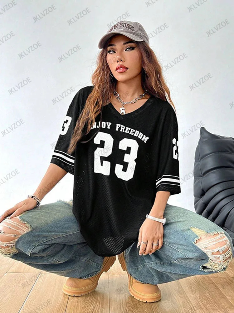 Summer Black Enjoy Freedom 23 Print TShirt For Women VNeck Short Sleeve Mesh Sports Football Jersey Y2K Oversized Tops 250214