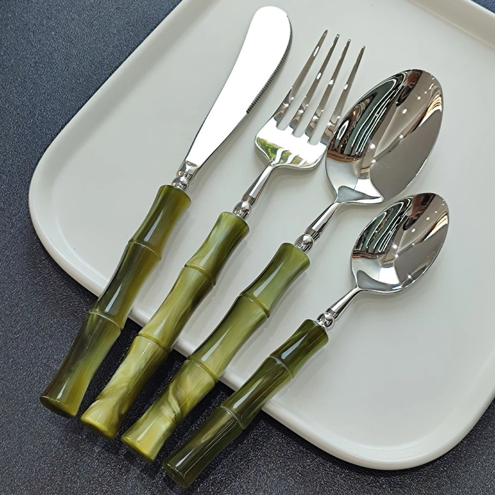 Resin Cutlery Bamboo Style 18/10 stainless steel 304 Classical Flatware Dinnerware Set Silver Drop 250214