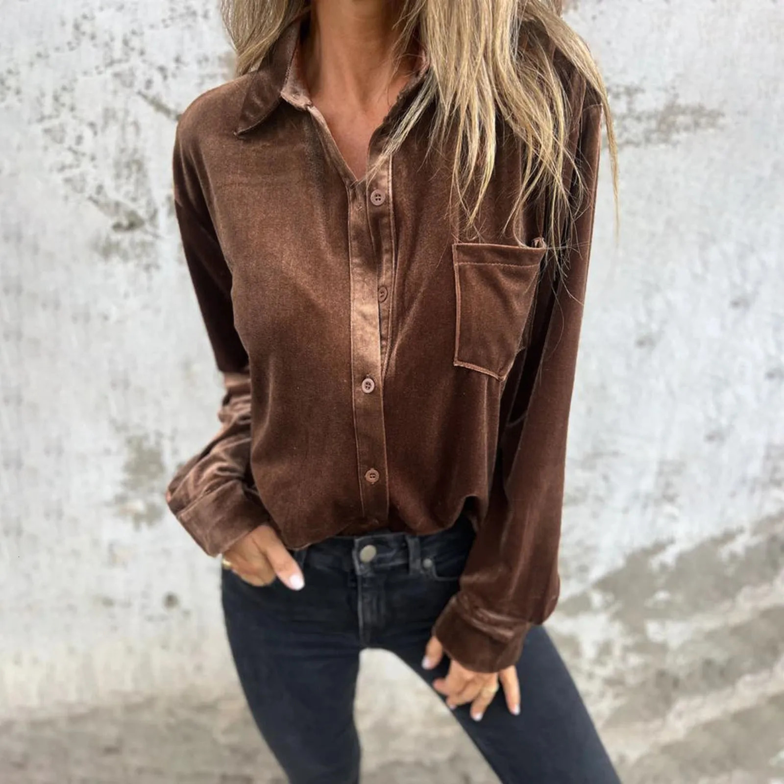 Autumn Vintage Velvet Blouses For Women Y2k Style Button Down Shirts Solid Color Streetwear Blouse Long Sleeve Loose Fit 250219