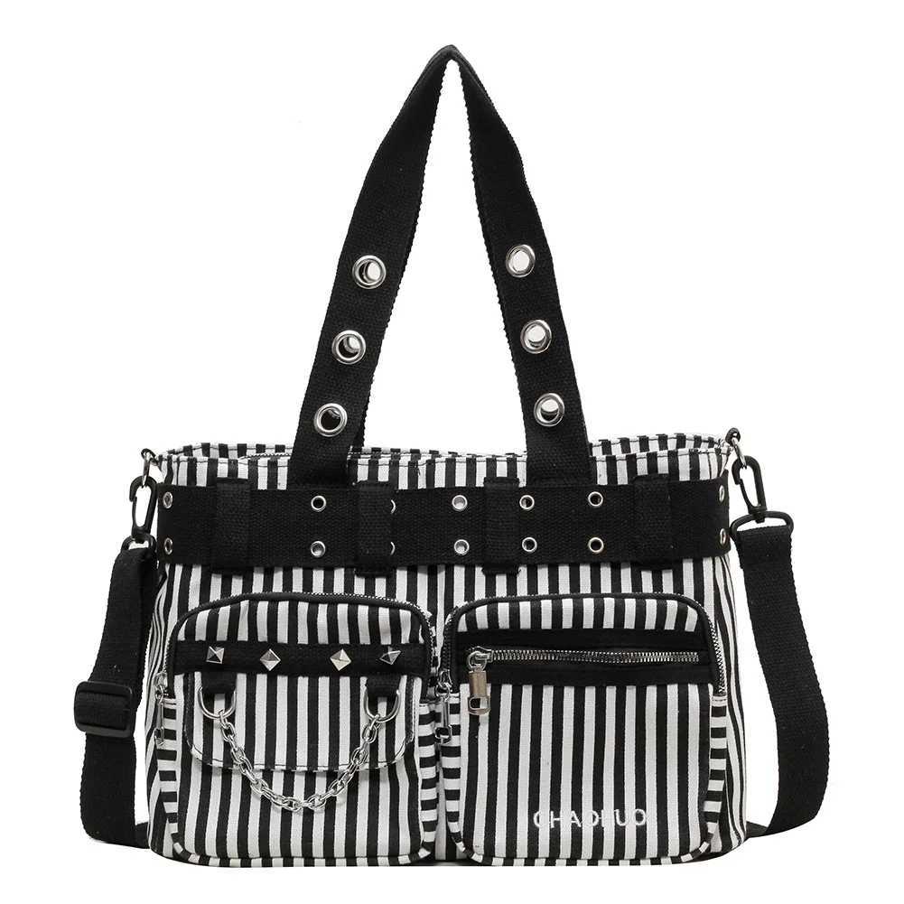 Women Rockabilly Shoulder Bag with Chain Canvas Tote Handbag Zipper Closure Punk Style Sling Bag Female Outdoor Bag Y250218