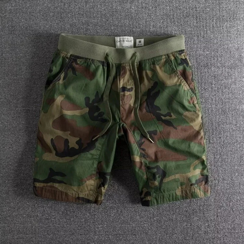 Mens cargo shorts with elastic waist camouflage drawstring shorts mens camouflage green er comfortable clothing Y2k style 250220