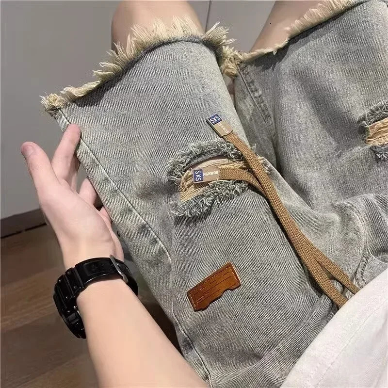 Summer Y2K Vintage Mens Jean Shorts Streetwear Ripped Bermuda Jorts Drawstring Baggy Wide Leg Blue Denim Shorts Pants 250220