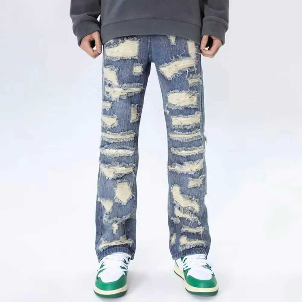 Four Pockets Mens Jeans Vintage Distressed Denim Jeans for Men with Pockets High Street Style Straight-leg Trousers Washed Retro X250220