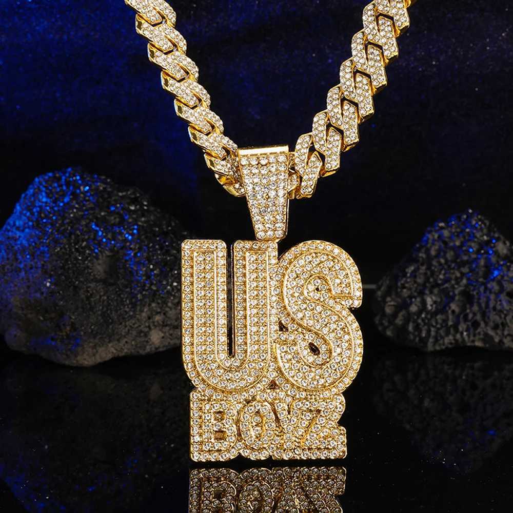 Mens Rhinestone US Boys Letter Pendant Necklace With 13mm d Out Bling Square Cuban Chain Charm Fashion Hip Hop Men JewelryXJ250219