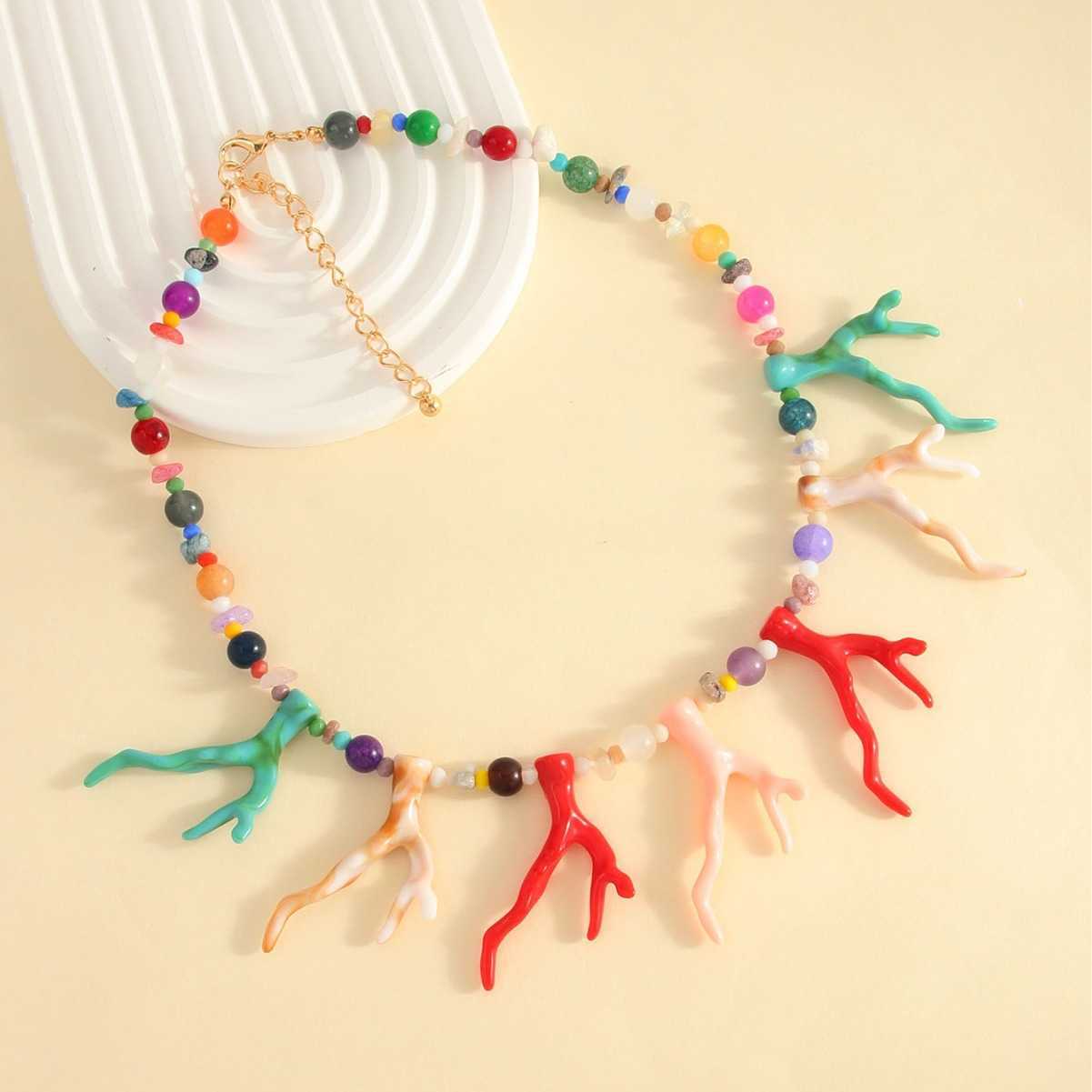 Pendant Necklaces ZA new personalized exaggerated bead coral resin necklace Bohemian beach vacation style accessory necklace H25219