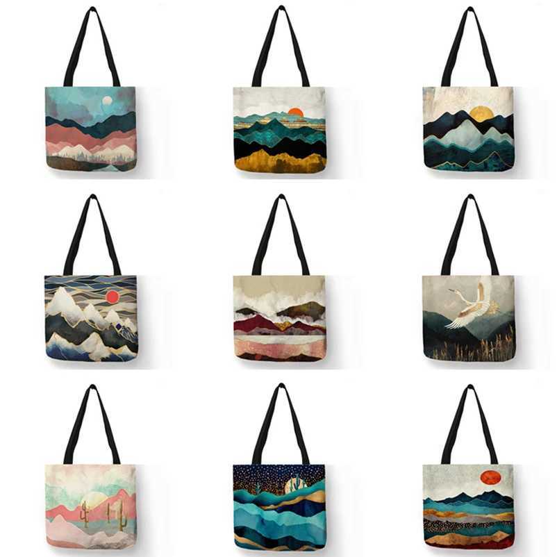 Oil Painting Mountain Forest Printing Causal Tote Bag Shopper Shopping Handbag Women Ladies Leisure Shoulder Bag Beach Outdoor Z250219