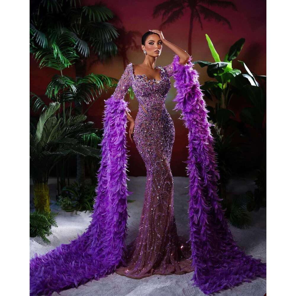 Mermaid Night Dress Formal Dresses For Occasion Square Feathers Bright Appliques prom Custom Ball Gown