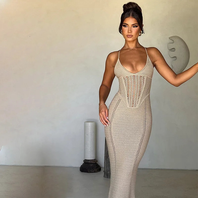 Elegant Womens Dress V Neck Spaghetti Strap Sleeveless Backless Bandage Bodycon Hollow Out Club Party Sexy Long Dress 250219