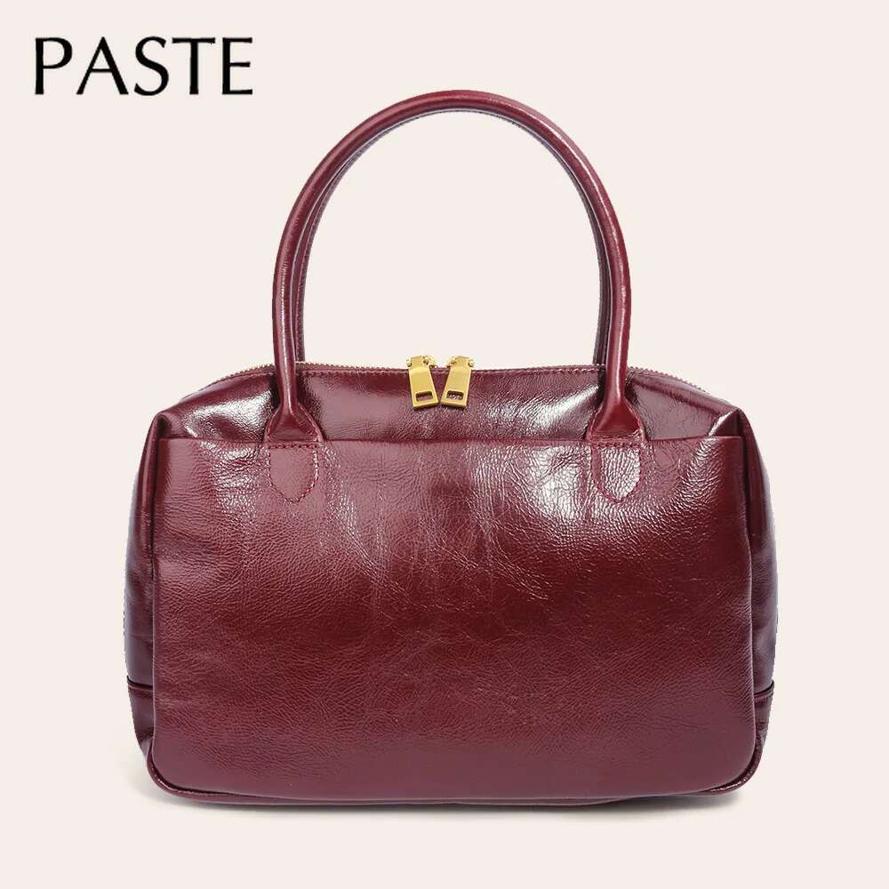 French Retro Boston Tote Wine Red Color Glossy Oil Wax Cow Leather Women Handbag Office Workplace Female Shoulder Bag