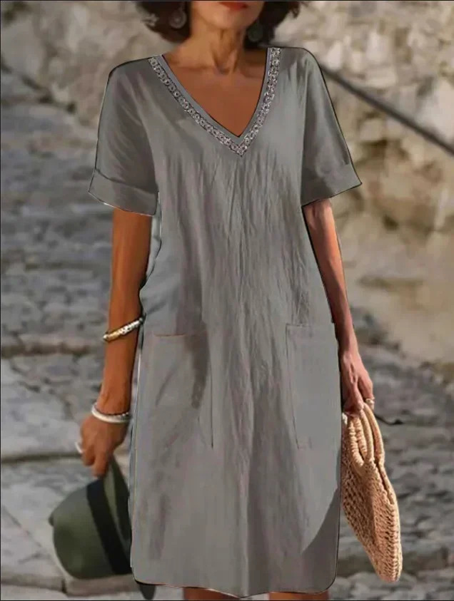 Spring Cotton Linen Womens Dress White Solid V-neck Elegant Dresses Female Soft Casual Loose Summer Clothes Ladies 250220