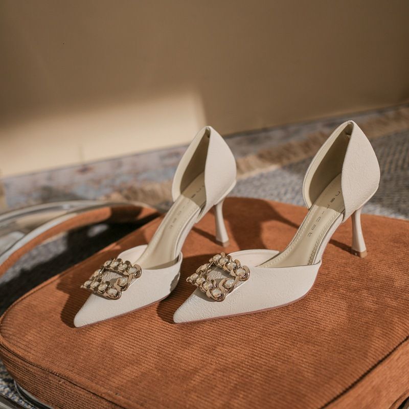 82308 Pointed Toe High Women's Stiletto Heels 2024 Spring And Summer New Style Square Buckle Large Rhie French Hollow Shoes
